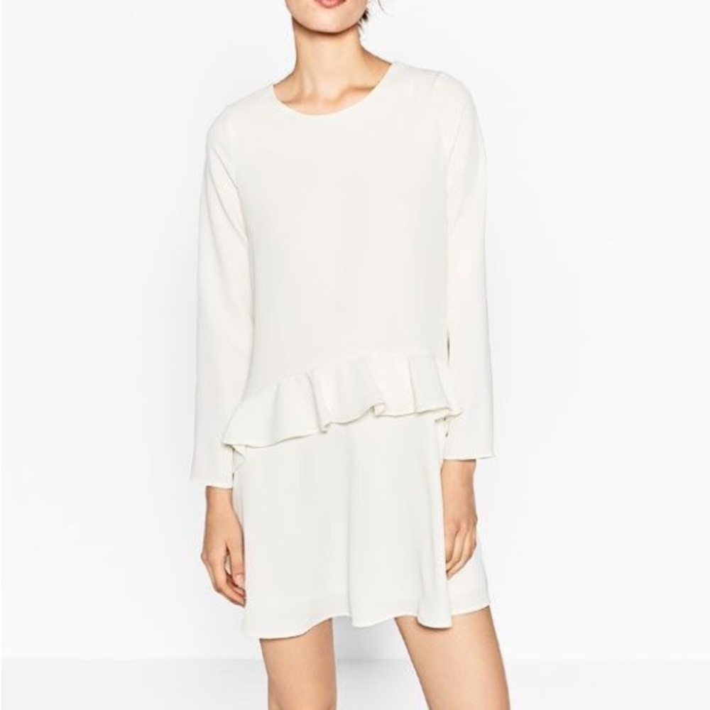 NWT Zara Long Sleeve Ruffle Mini Dress in Off White Size S Trafaluc Collection